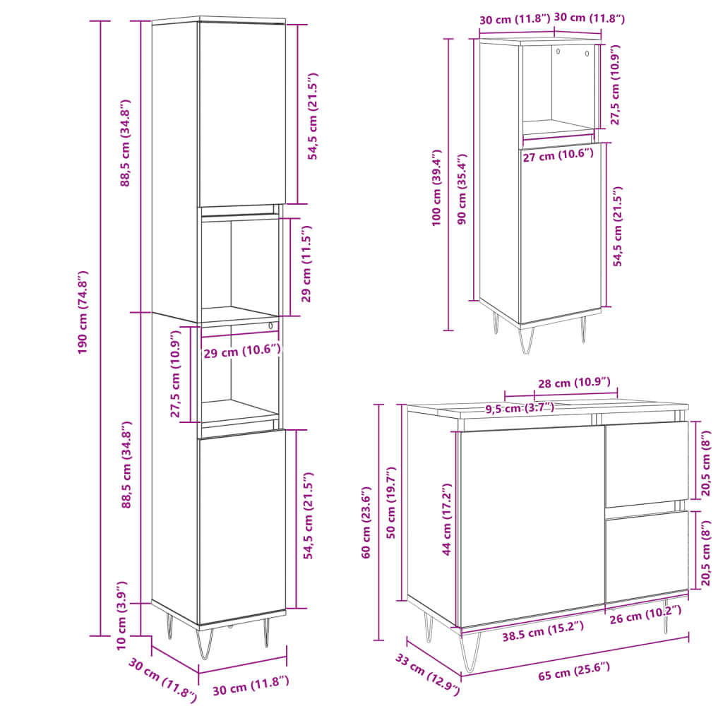 Set Mobili Da Bagno 3 Pz In Legno Multistrato