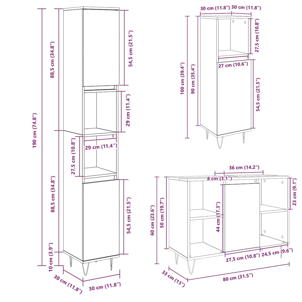 Set Mobili Da Bagno 3 Pz Rovere Sonoma In Legno Multistrato
