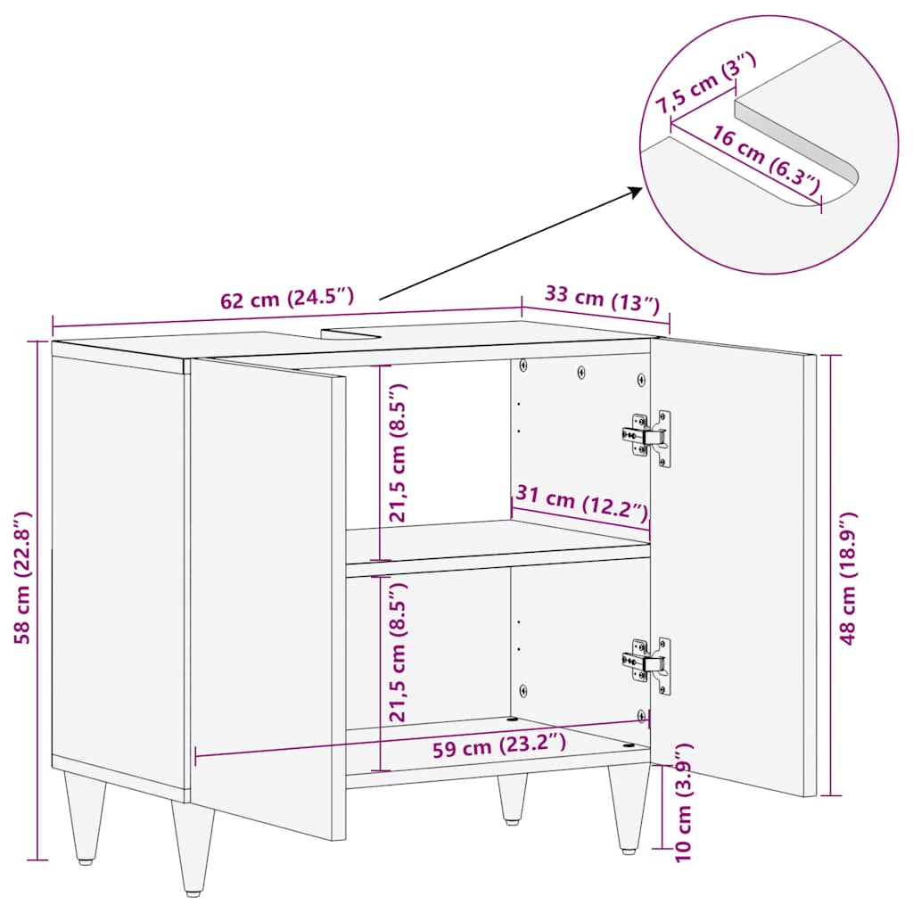 Mobile Lavabo Da Bagno 62X33X58Cm In Legno Massello Di Mango