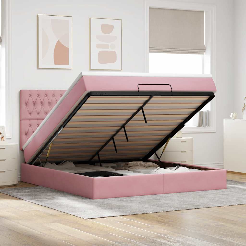 Struttura Letto Pouf Con Materassi In Velluto Rosa