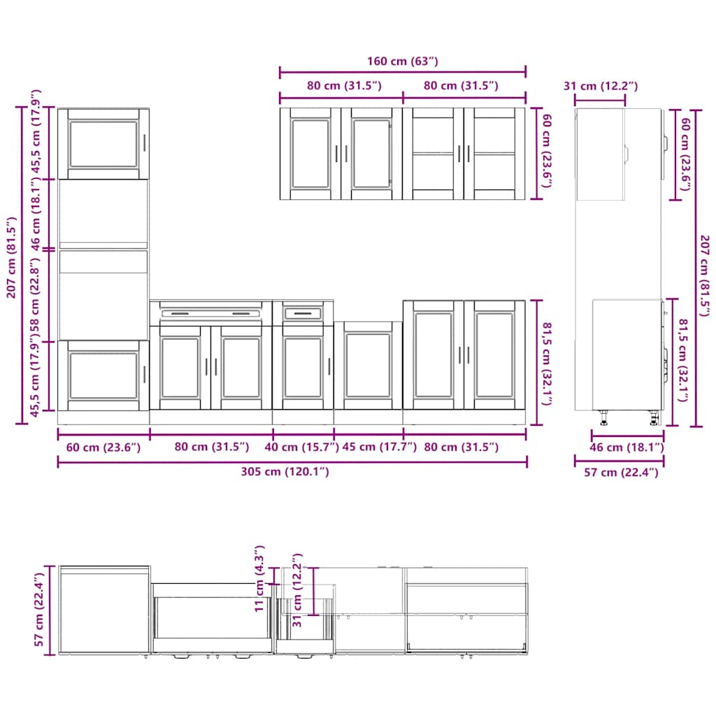 Set Mobili Da Cucina 7 Pz Porto Neri Legno Multistrato