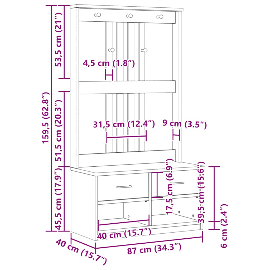 Albero Da Ingresso Sandnes 87X40X159,5 Cm In Legno Di Pino