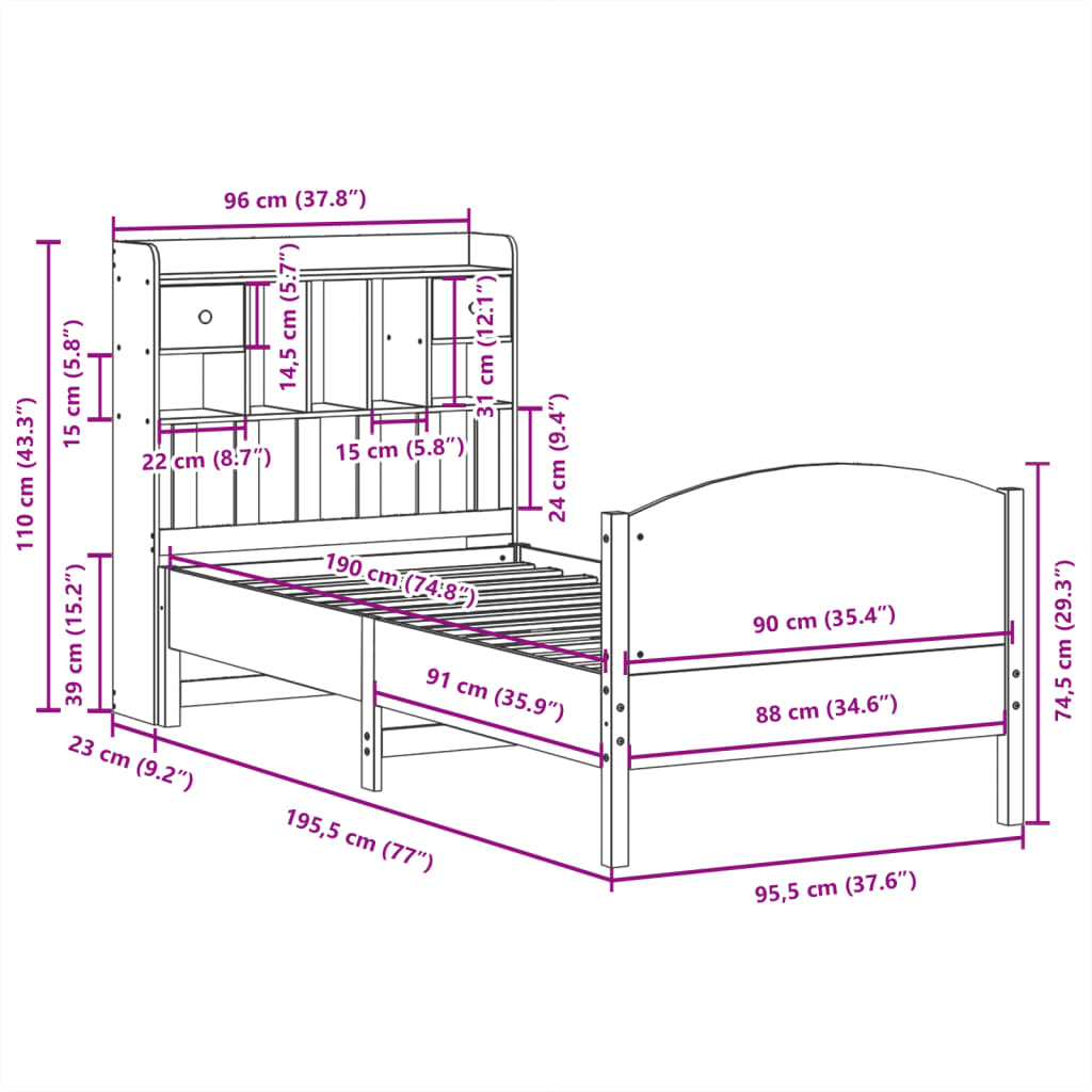 Letto Libreria Senza Materasso Legno Massello Pino