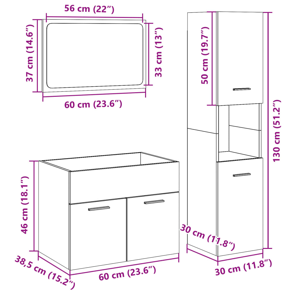 Set Mobili Da Bagno 3 Pz In Legno Multistrato Rovere Sonoma