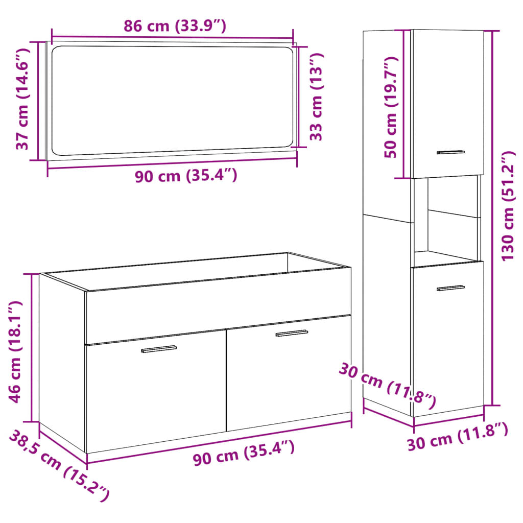 Set Mobili Da Bagno 3 Pz In Legno Multistrato