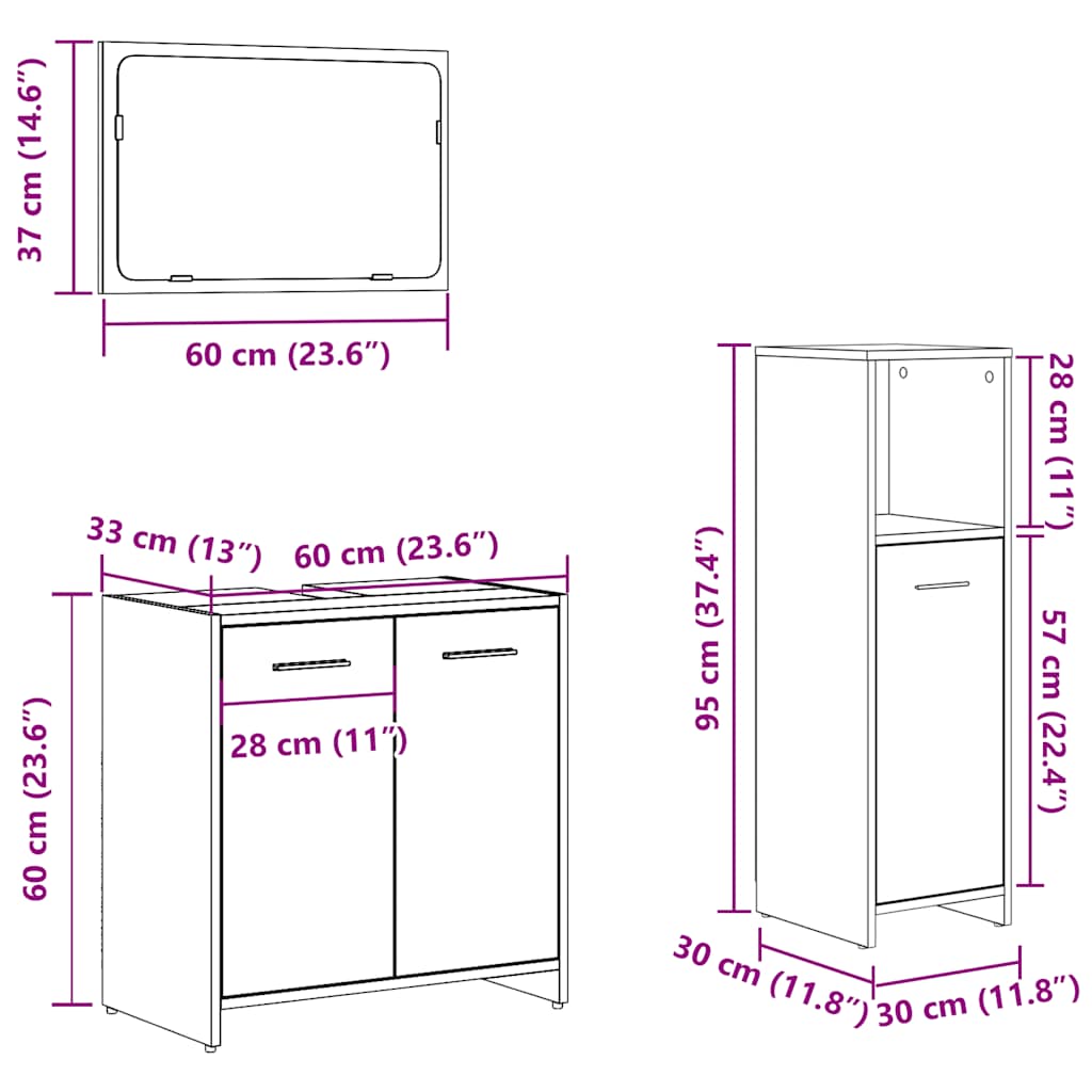 Set Mobili Da Bagno 3 Pz Legno Multistrato