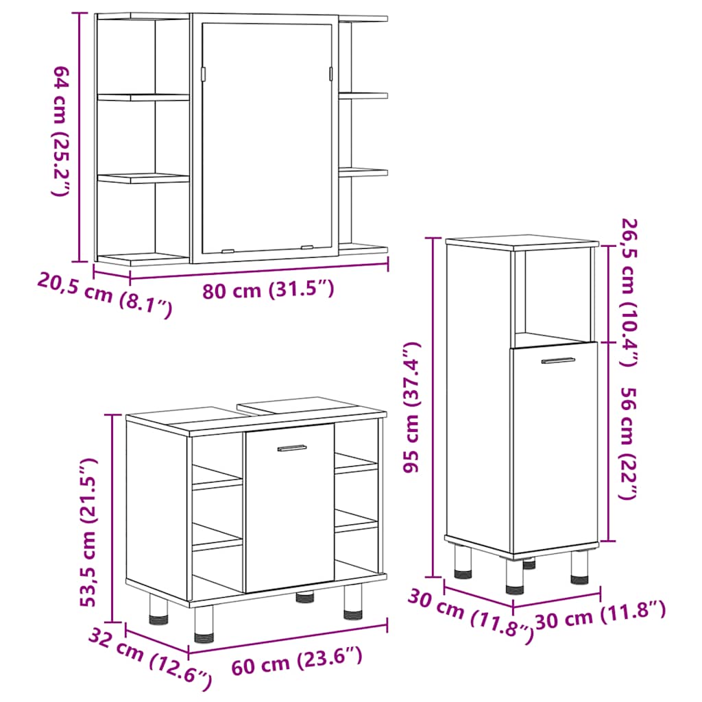 Set Mobili Da Bagno 3 Pz In Legno Multistrato