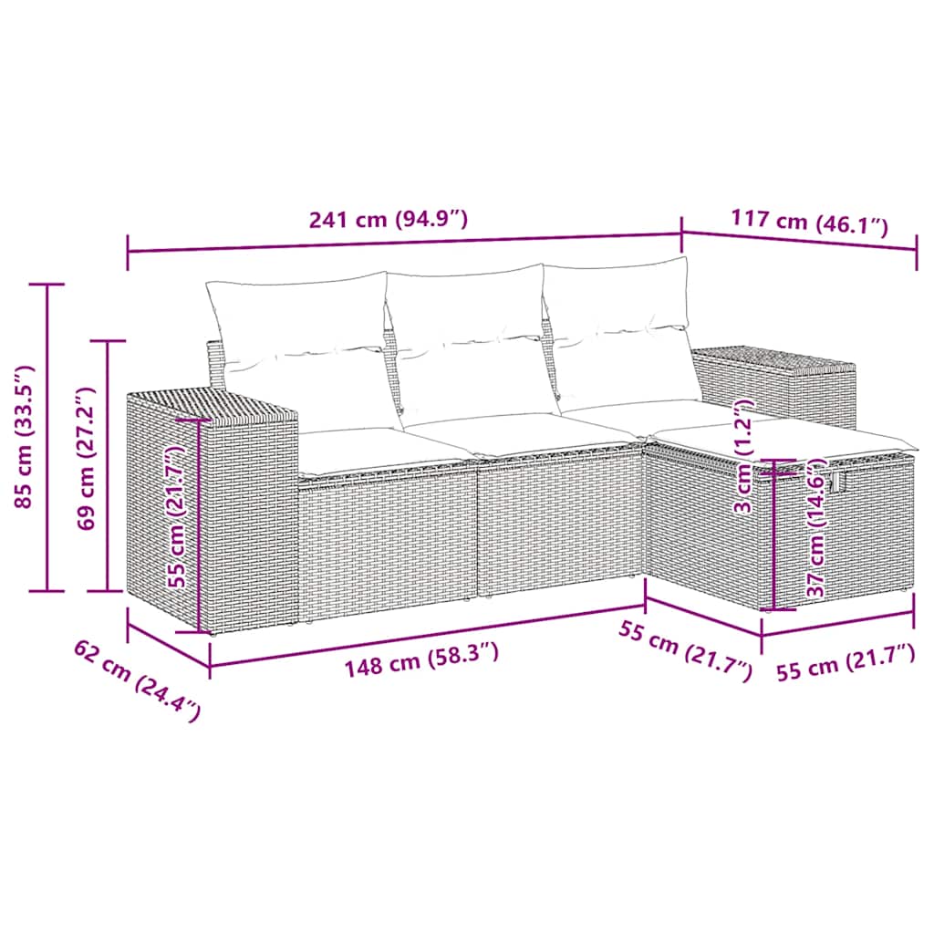 Set Divano Da Giardino 4 Pz Con Cuscini Beige In Polyrattan