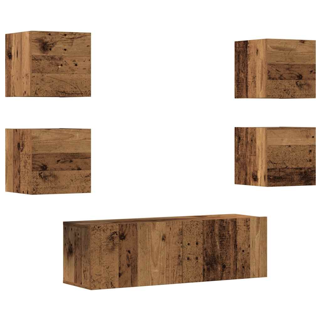 Set Mobile Tv 5 Pz Montato A Parete Legno Antico In Truciolato