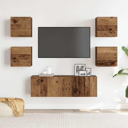 Set Mobile Tv 5 Pz Montato A Parete Legno Antico In Truciolato