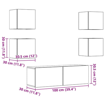 Set Mobile Tv 5 Pz Montato A Parete Legno Antico In Truciolato
