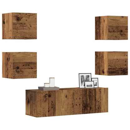 Set Mobile Tv 5 Pz Montato A Parete Legno Antico In Truciolato