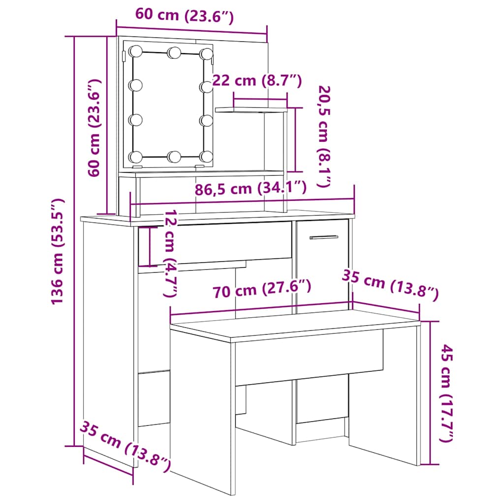 Set Tavolo Da Toeletta Con Led Legno Antico Legno Multistrato