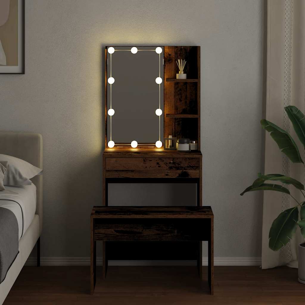 Set Tavolo Da Toeletta Con Led Legno Antico Legno Multistrato