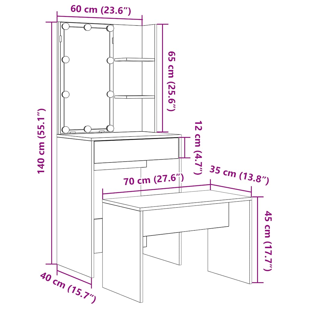 Set Tavolo Da Toeletta Con Led Legno Antico Legno Multistrato