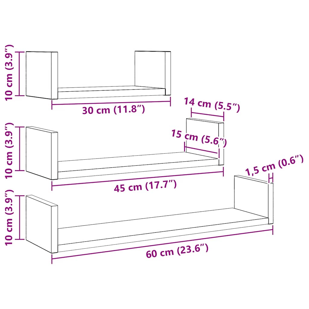 Mensole Parete 3Pz In Legno Multistrato Rovere Nero