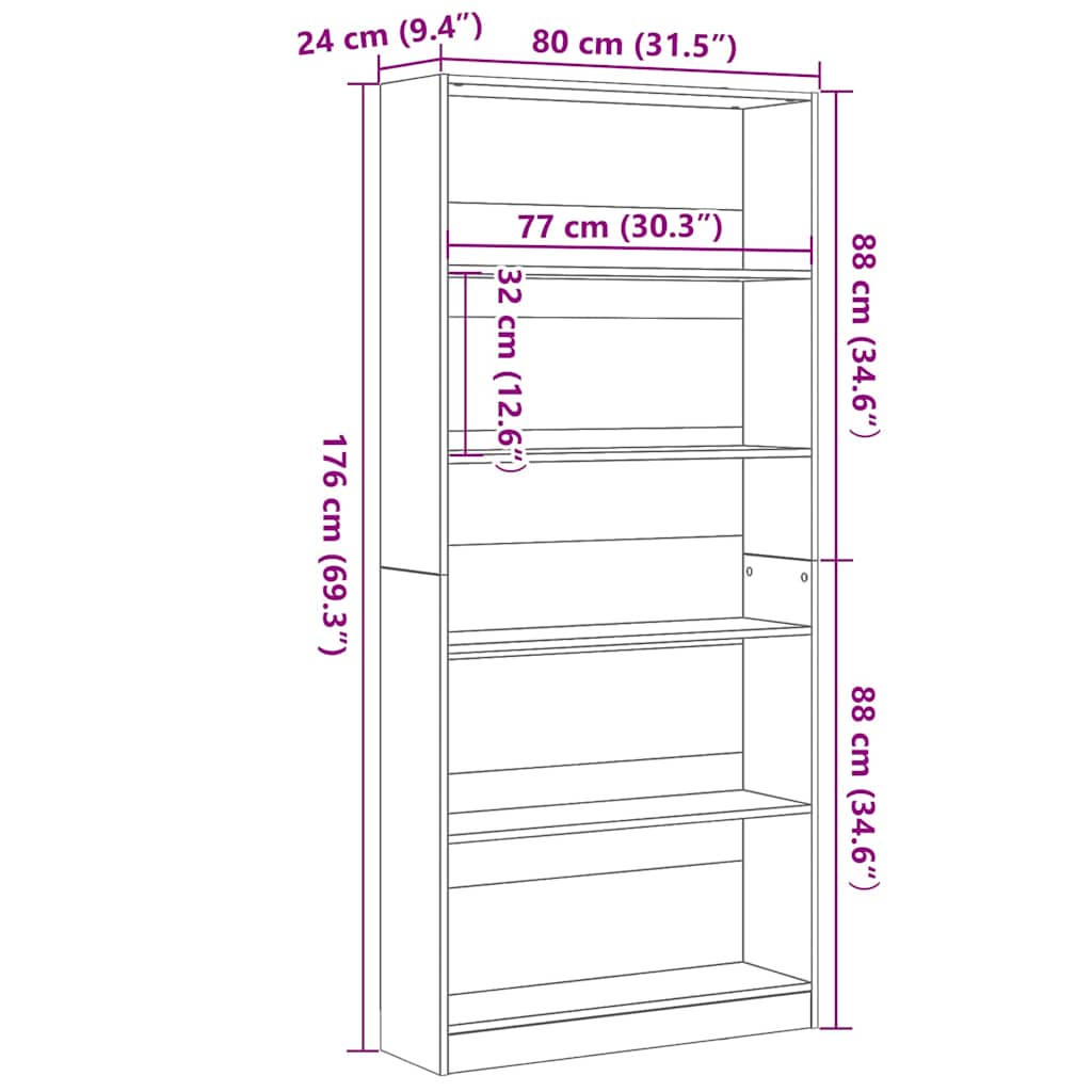 Libreria Rovere Nero 80X24X176 Cm In Legno Multistrato Rovere Nero