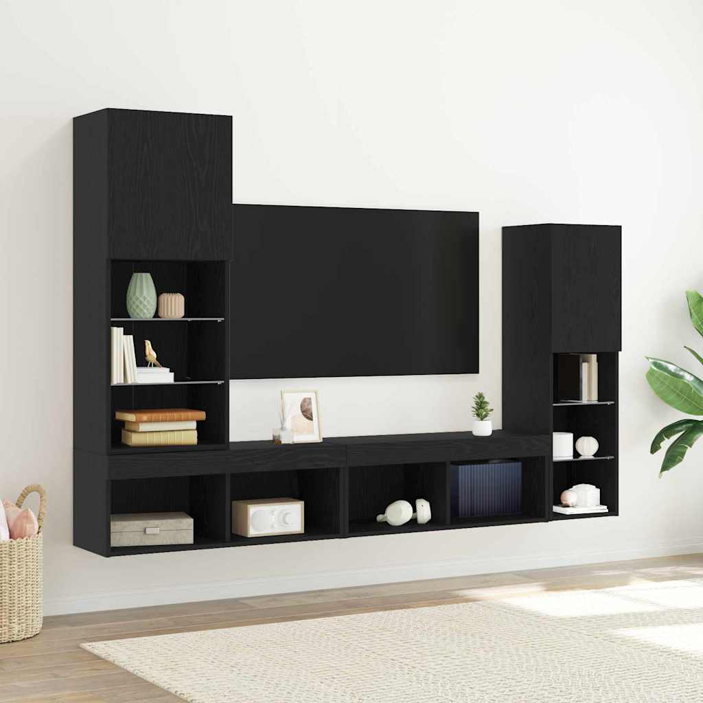 Mobili Tv A Muro Con Led 4Pz Neri In Legno Multistrato