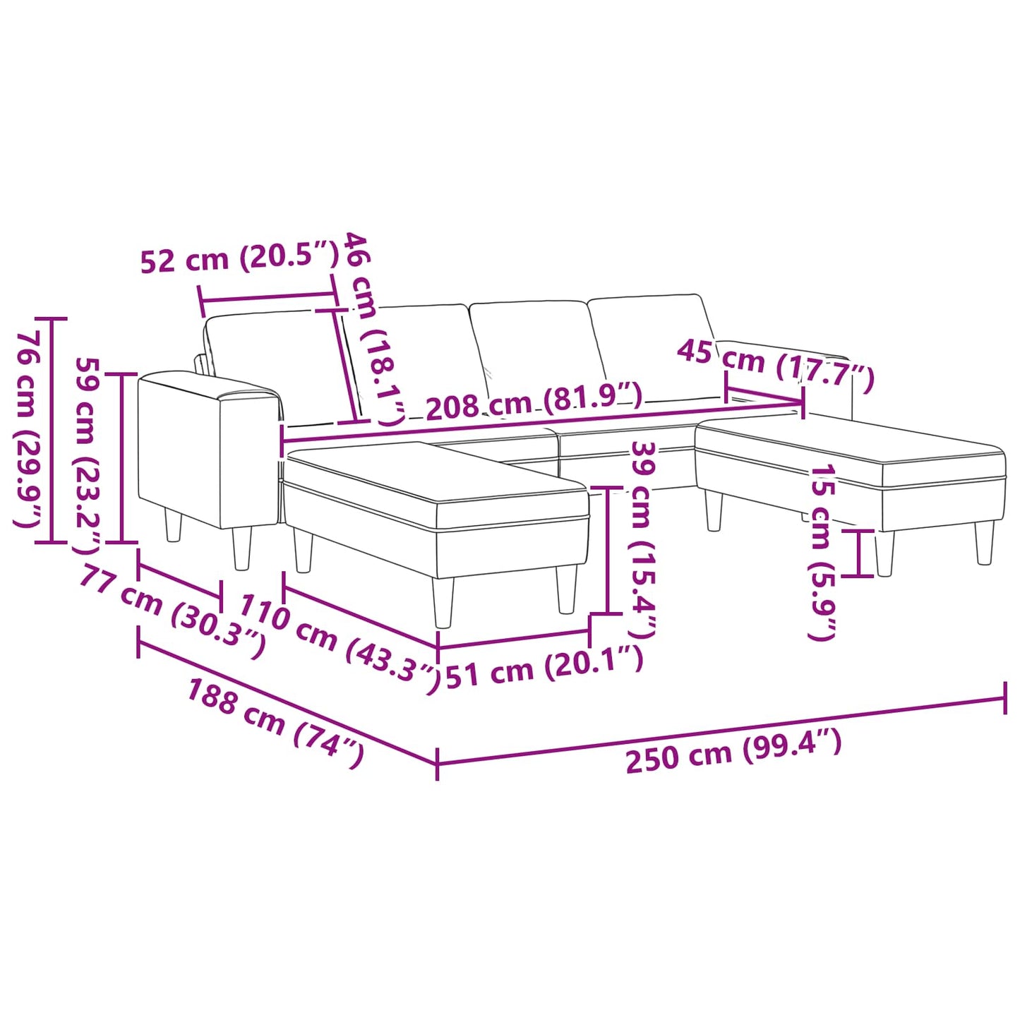 Divano 250 X 188 X 76 Cm Tessuto In Cords