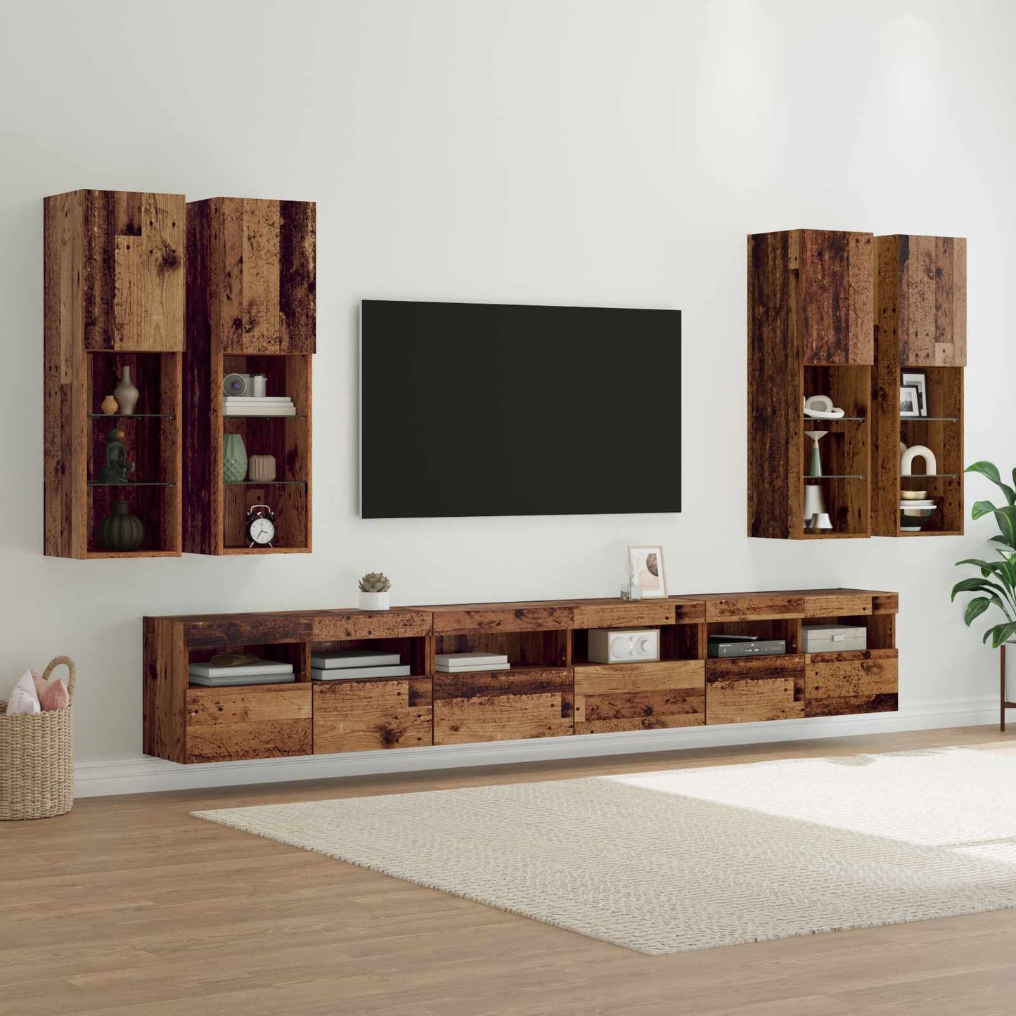 Set Mobili Tv A Muro 7 Pz Con Luci Led