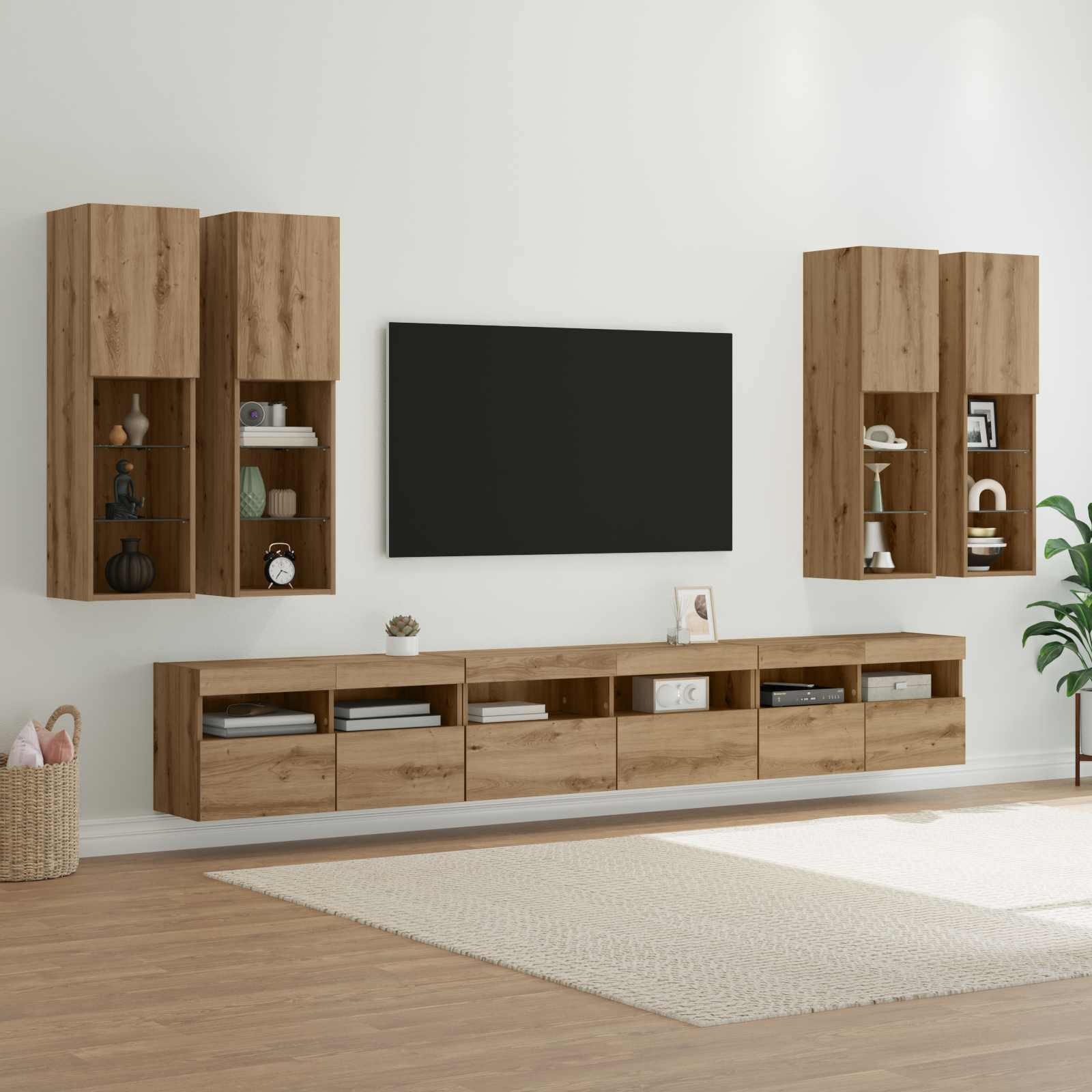 Set Mobili Tv A Muro 7 Pz Con Luci Led