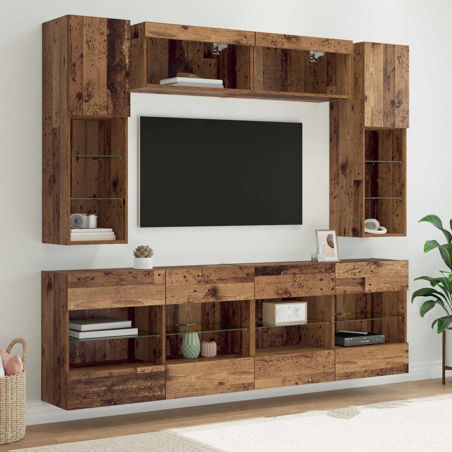 Set Mobili Tv A Muro 6 Pz Con Luci Led