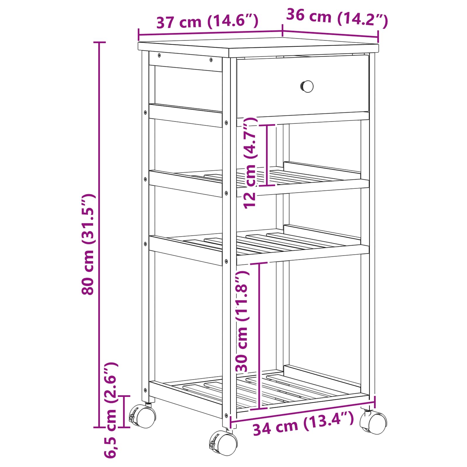 Carrello Da Cucina Con Ruote Naturale 37 X 36 X 80 Cm Bambù