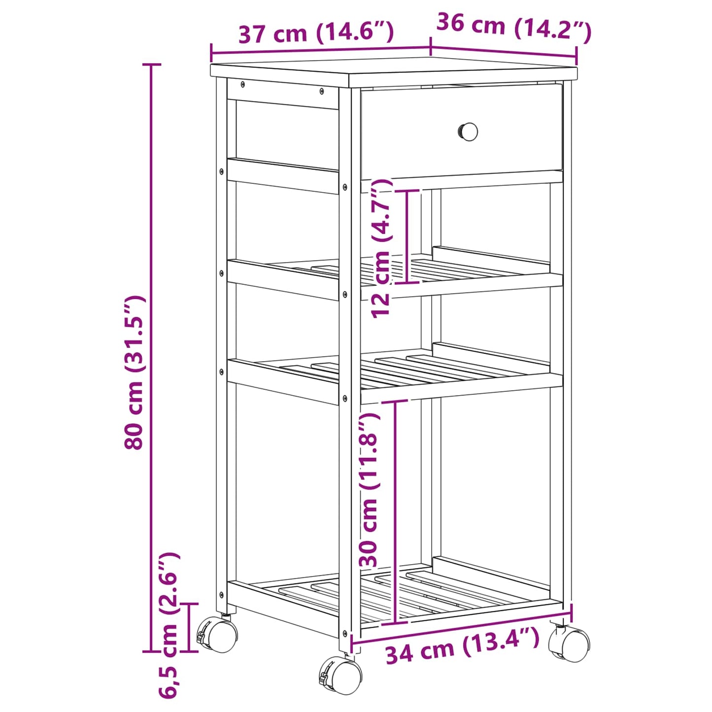 Carrello Da Cucina Con Ruote Naturale 37 X 36 X 80 Cm Bambù