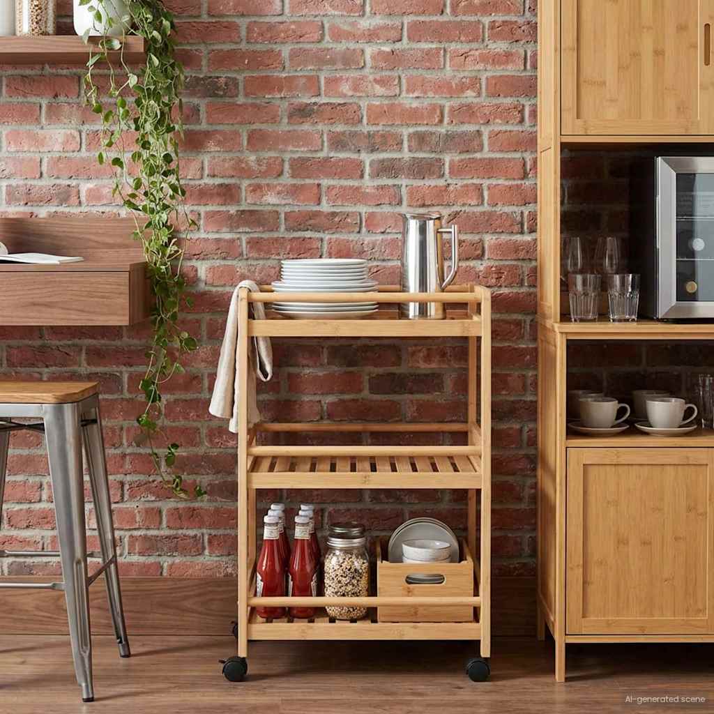 Carrello Da Cucina Con Ruote Naturale 46 X 38 X 76 Cm Bambù
