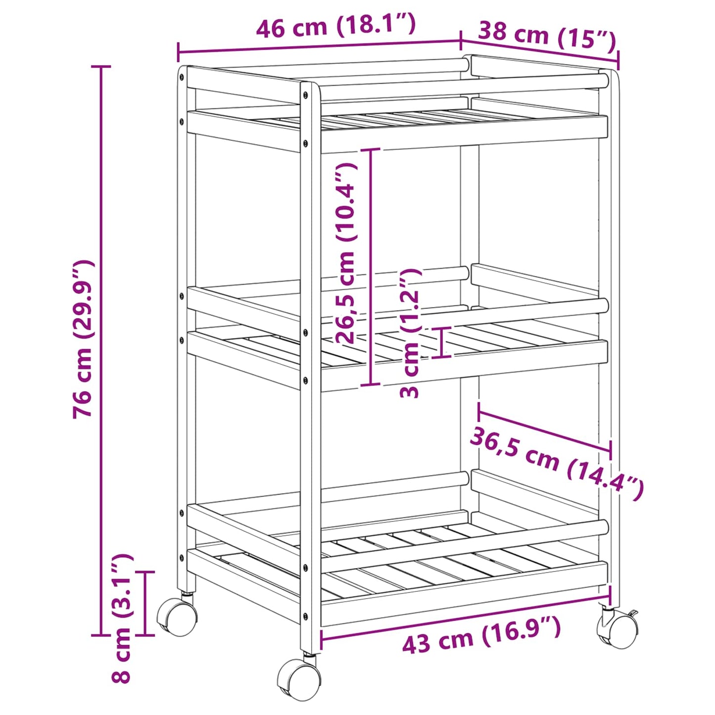 Carrello Da Cucina Con Ruote Naturale 46 X 38 X 76 Cm Bambù