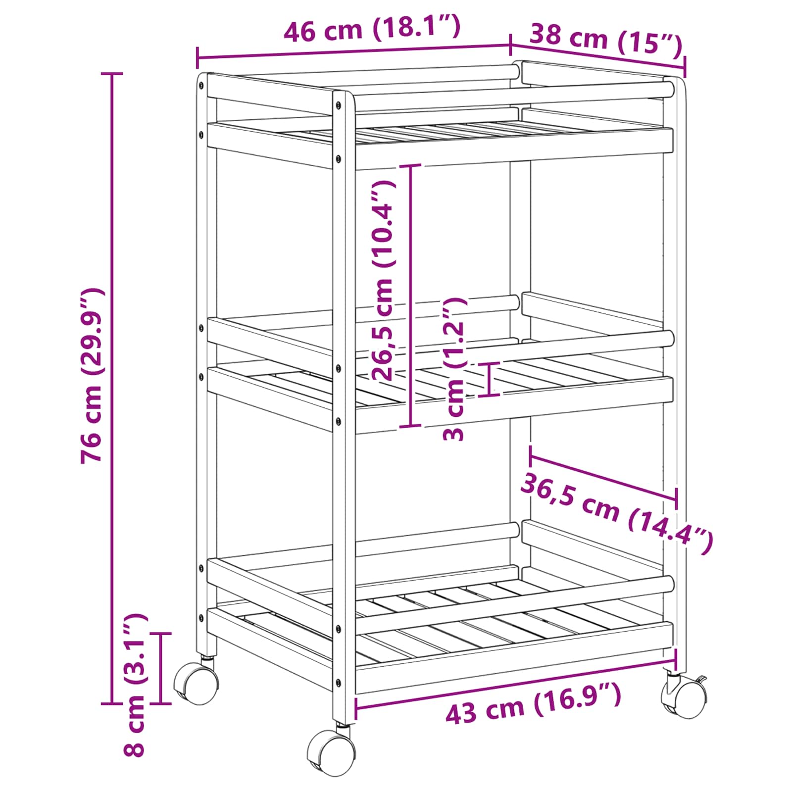 Carrello Da Cucina Con Ruote Naturale 46 X 38 X 76 Cm Bambù