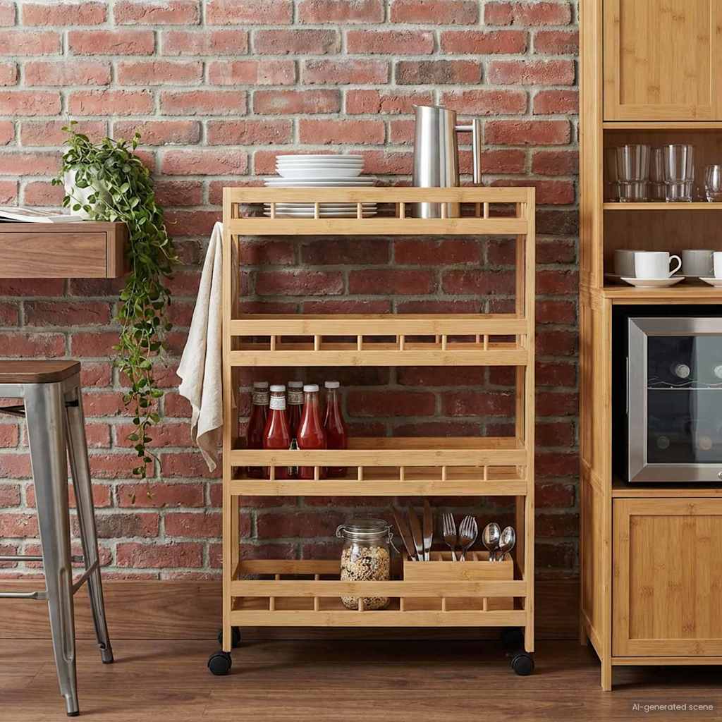 Carrello Da Cucina Con Ruote Naturale 60 X 18 X 97 Cm Bambù