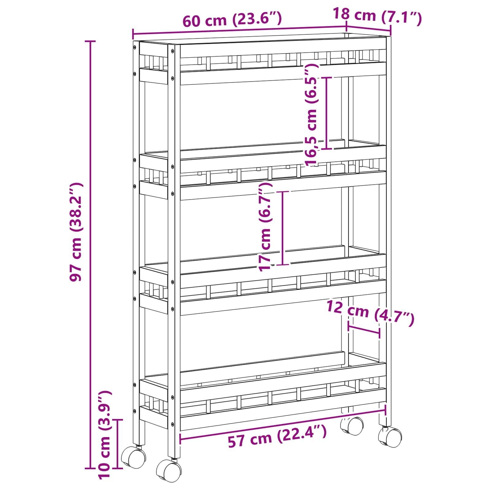 Carrello Da Cucina Con Ruote Naturale 60 X 18 X 97 Cm Bambù
