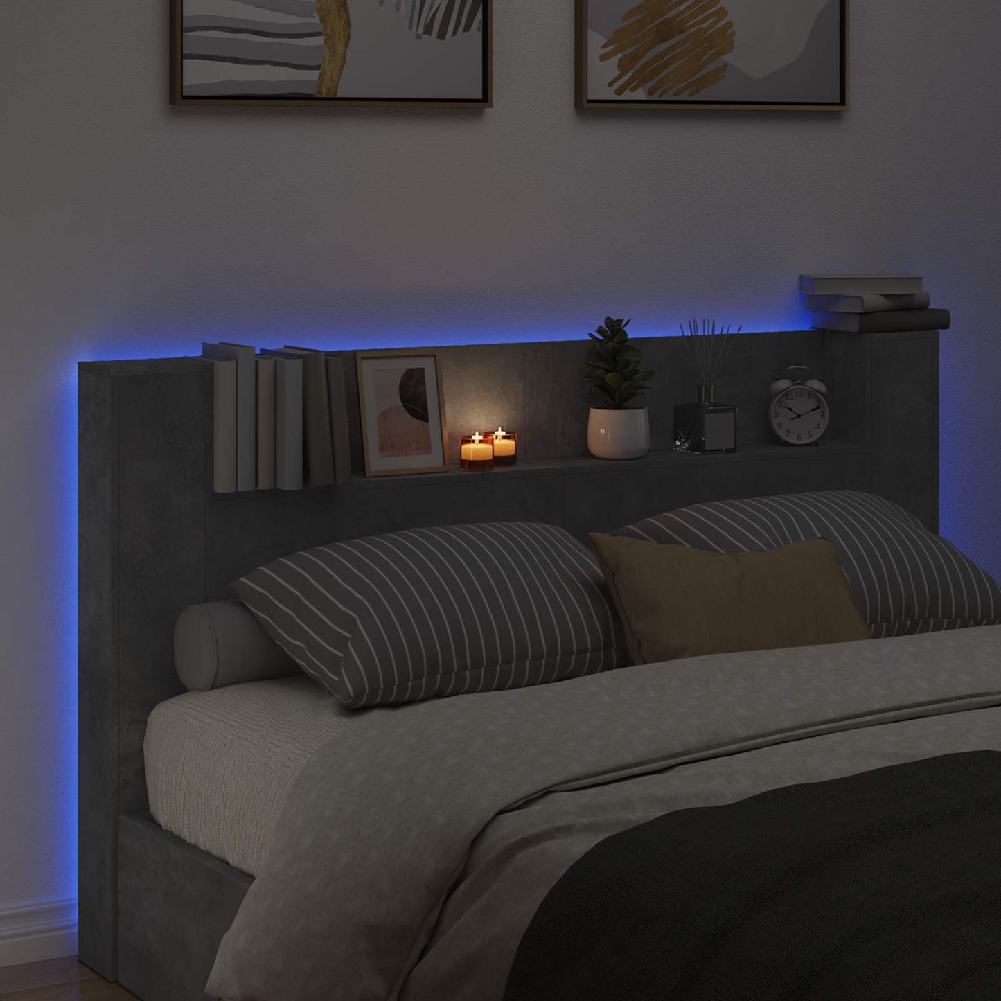 Testata Con Mobile E Led Calcestruzzo 180 X 16,5 X 103,5 Cm