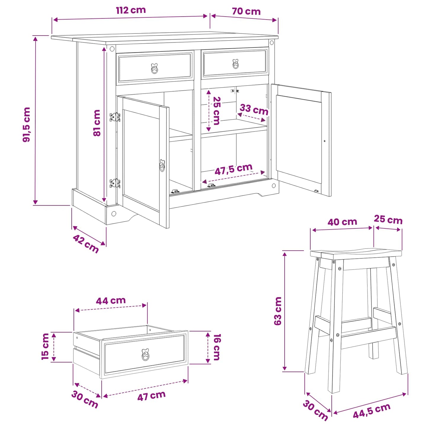 Set Isola Da Cucina Con Cassetto Corona 3 Pcs